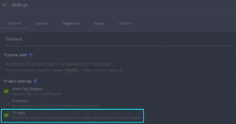 Paramètre Trusted du projet