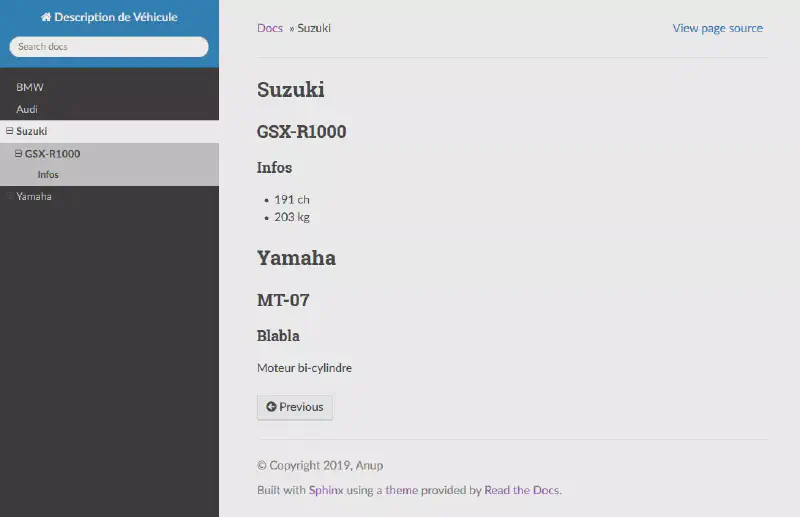 Menu dépliant affichant l’arborescence complète