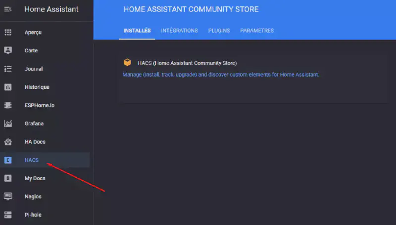 HACS dans le panneau de gauche