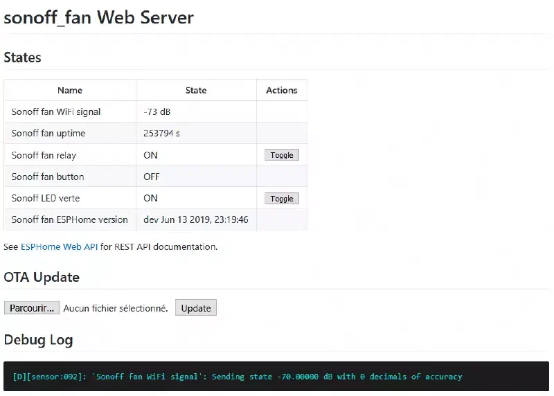 Interface Web du Sonoff avec le nouveau firmware