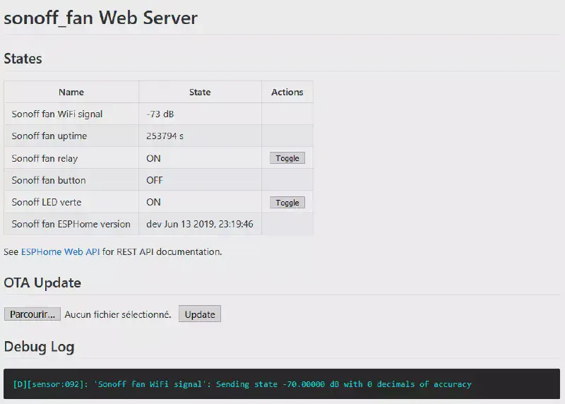 Interface Web du Sonoff avec le nouveau firmware