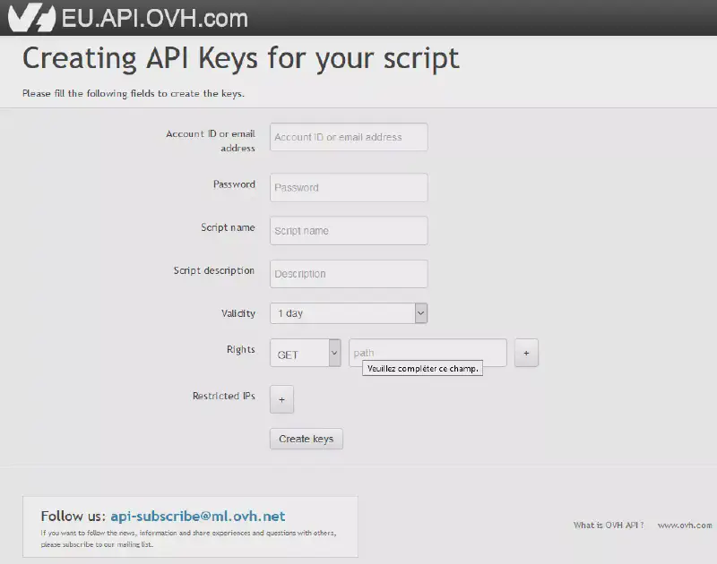Page de génération des clés de l’API d’OVH