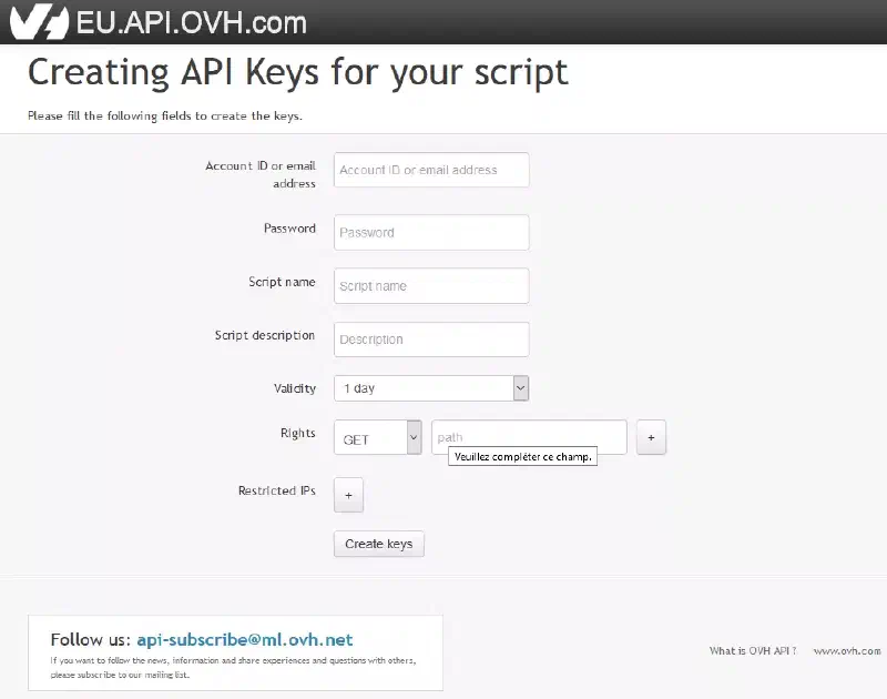 Page de génération des clés de l’API d’OVH