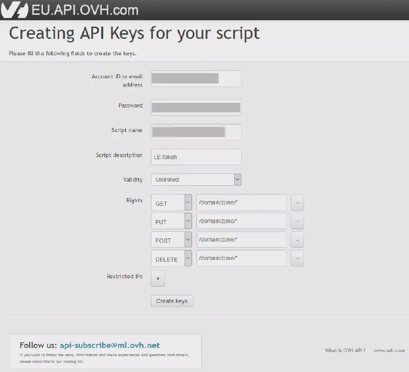 Création des clés de l’API d’OVH
