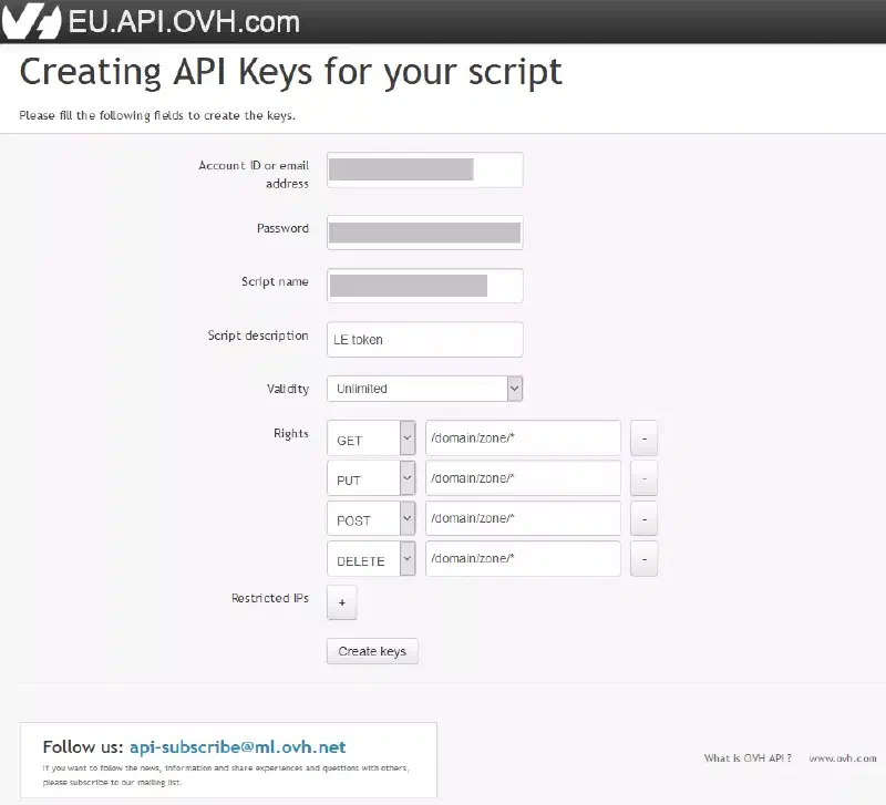 Création des clés de l’API d’OVH