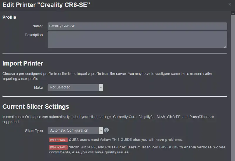 Octolapse : Édition du profile de l’imprimante