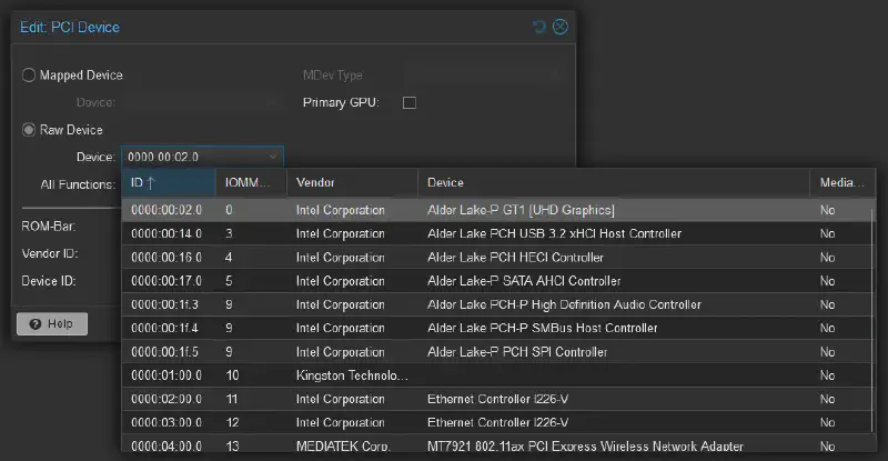 Ajout périphérique PCI : Sélection