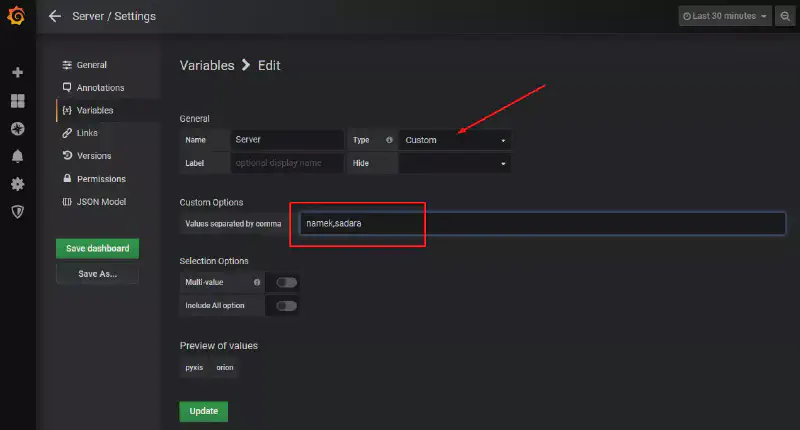 Édition de variable du dashboard