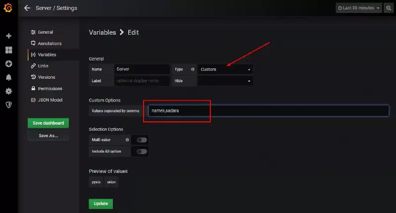 Édition de variable du dashboard